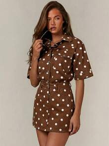 Athîral Denim Women's Casual Brown Polka Dot Print Button Pocket  Mini Denim Dress, Everyday Wear,Summer Streetwear,Going Out Dress,Back To School - Brown - View 3