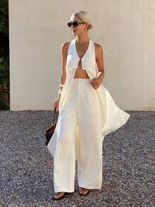 DAZY Women's Solid Color Long Slit Camisole & Wide Leg Pants Two Pieces Set, Elegant Summer Vacation Outfit - Apricot - View 1