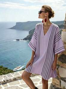 SHEIN Holidaya 女士条纹V领宽松休闲短袖连衣裙 - 淡紫色 - 查看 3