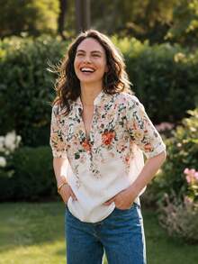 Dayvera Women's Elegant Summer Casual Floral Textured Linen Bamboo Fiber Short Sleeve Shirt, Suitable For Vacation, Commute And Daily Wear Beige - White - View 8