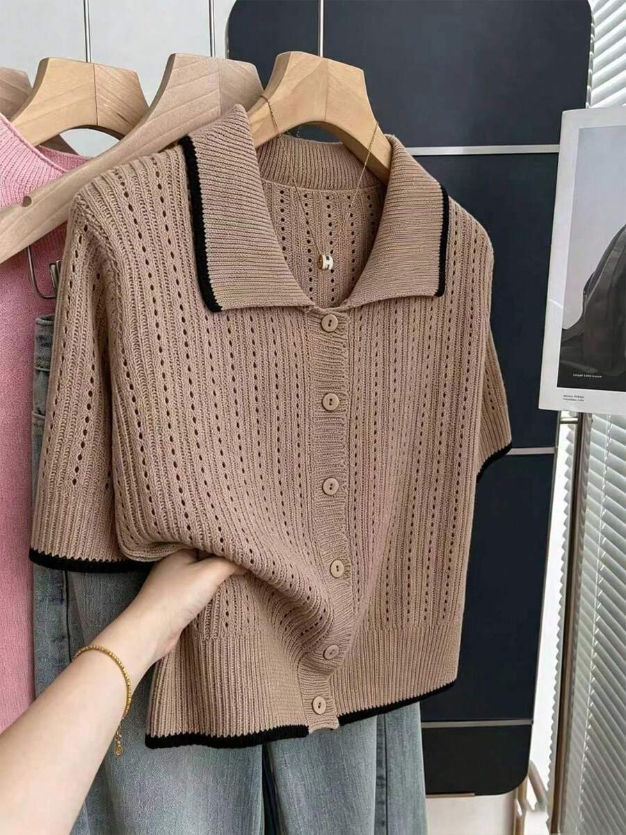 Franclia 女士休闲宽松 Polo 领短袖镂空针织撞色滚边开衫,春夏款 - 摩卡棕 - 查看 1