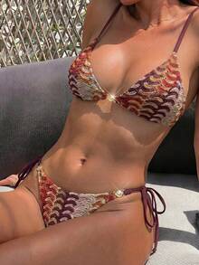 SHEIN Swim 女款2件式泳衣套裝，性感度假優雅浪漫細肩帶女士海灘穿搭，春/夏 - 彩色 - 查看 1