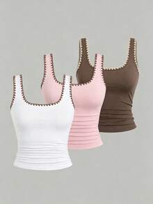 Teen Girls' Minimalist Casual Square Neck Camisole,3PCE Pink,White,Brown,Summer Vacation Essential,Relaxed Comfortable Basic Style,Daily Fashion Wear - Grey - View 8