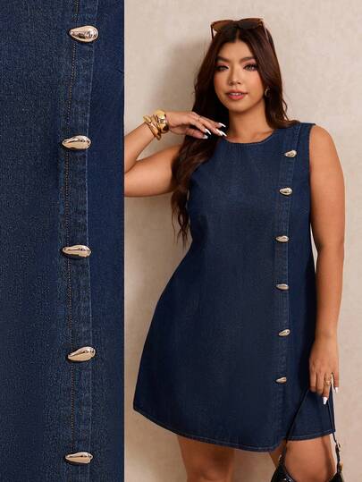 Elaquor Plus Size Women's Fashionable Sleeveless Denim Dress