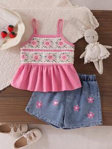 SHEIN Elladie kids 幼女女孩粉色雪紡花邊吊帶上衣 & 刺繡短褲套裝，夏季透氣戶外玩樂穿搭，甜美可愛 - 粉色 - 查看 7