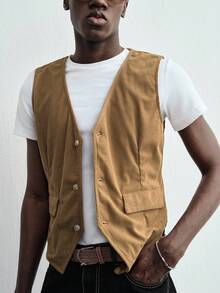 ROMWE MEN Essentials Men's Palace Style Corduroy Vest - Brown - View 7