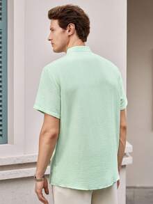 Officeau 男士薄荷綠紋理立領短袖襯衫，適合商務休閒/通勤，送給父親/丈夫的禮物 - 薄荷綠 - 查看 2