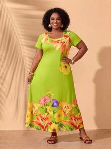 Zaforene Plus Size Floral Print Square Neck Short Sleeve Summer Dress - Multicolor - View 6