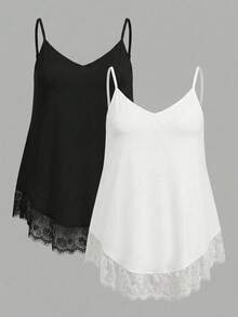 SHEIN EZwear 大码女式时尚蕾丝拼接V领吊带背心 - 黑與白 - 查看 1