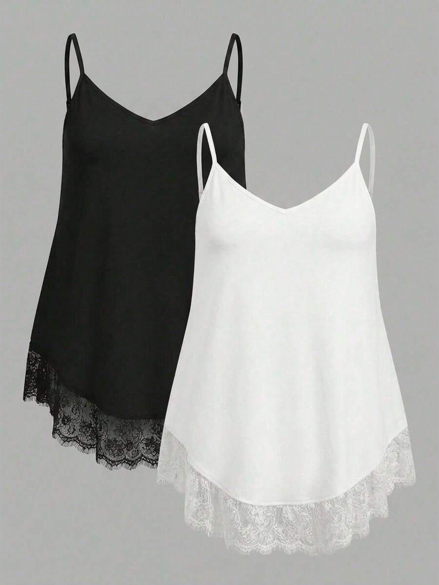 SHEIN EZwear 大码女式时尚蕾丝拼接V领吊带背心 - 黑與白 - 查看 1