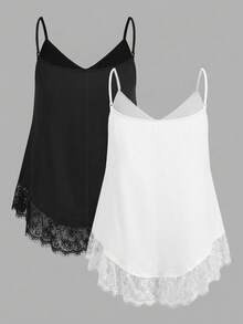 SHEIN EZwear 大码女式时尚蕾丝拼接V领吊带背心 - 黑與白 - 查看 2