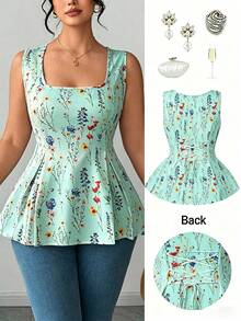 Elenzga Áo sơ mi cổ bẻ họa tiết hoa thanh lịch size lớn, phong cách đồng quê Pháp - Màu xanh Bạc hà - Xem 3