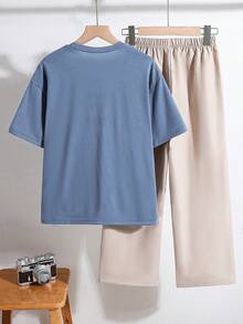 SHEIN 2pcs Tween Boy Letter Print Short Sleeve T-Shirt And Shorts Casual Set - Multicolor - View 2