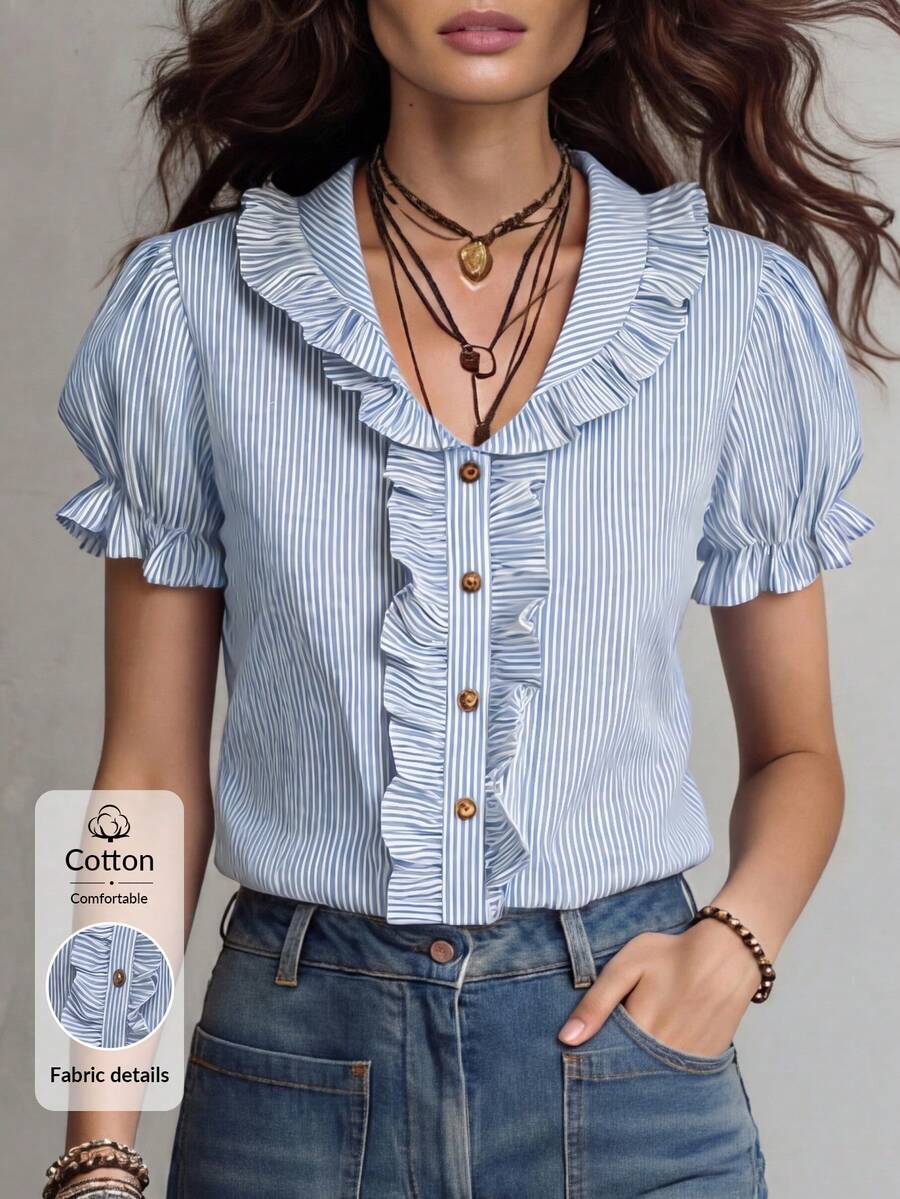 Solivie Women's Comfortable French Style Cute Elegant Ruffle Blue And White Striped Stripe Blouse Brunch Date Work Summer Tea Party Brunch Summer - Blue and White - View 1