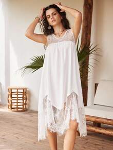 Lullawish Bohemian Style Solid Color Lace Patchwork Bow Decor Long Women Nightgown - White - View 3