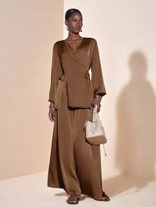 Zivah Coffee Brown,Autumn,Elegant,Dining Women Satin Material Wrap Blouse And Wide Leg Pants 2 Pieces Set,Ladies Fall Fashion Casual Office Outfits - Coffee Brown - View 7
