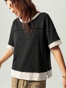 Bohemela Casual Knit Color Block Round Neck Loose Fit Short Sleeve T-Shirt For Women - Black - View 3