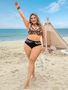 Swim Lushoire Talla Grande 2026 Primavera/Verano Nuevo Traje de Baño de 2 Piezas con Estampado Digital & unicolor, Acolchado con Aros, Tirantes Ajustables, Cierre Trasero Conveniente, Lindo Acento de Lazo, Diseño Elegante de Empalme Gráfico, Conjunto de Playa/Natación Casual y de Moda - Multicolor - Ver 3