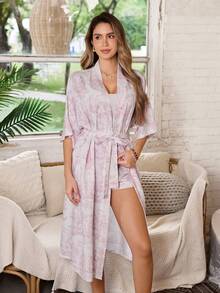 Serenescape French Chateau Style Pink & White Printed Women Robe - Baby Pink - View 5