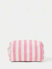 SHECARRY Ladies Fashion Pink And White Striped Cherry Embroidered Cosmetic Bag, Rhinestone Decorated Canvas Storage Bag, Portable Beauty Bag - Pink - View 5