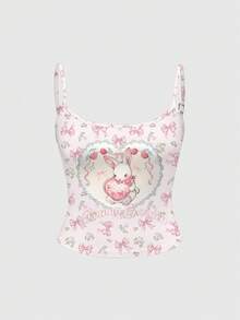 ROMWE Kawaii 女款可愛兔子與蝴蝶結印花休閒細肩帶背心 - 粉色 - 查看 1