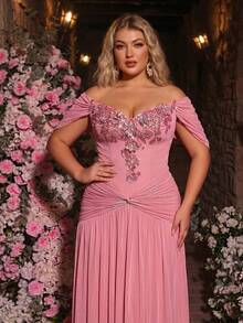 Glamrae Plus Size Elegant Dusty Pink Summer Formal Evening Graduation Prom Dress,Luxurious Applique Strapless Elastic Ruched Maxi Dress For Wedding Party - Pink - View 2