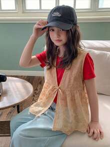 Dazy Kids 少女刺繡蝴蝶結裝飾透視時尚襯衫 夏季 - 卡其色 - 查看 5