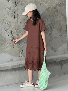 Hapijoa Tween Girls Round Neck Knit Contrast Mesh Dress, Summer Vacation - Brown - View 4