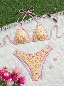 Swim Mod 女款夏季海灘度假音樂節檸檬印花掛脖露背丁字比基尼套裝 黃色可愛熱帶輕盈風 - 彩色 - 查看 3