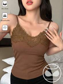 DAZY 女士时尚蕾丝拼接吊带背心 - 卡其色 - 查看 4