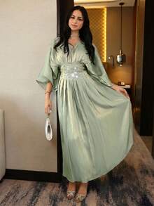Modelyn New Arrival Waist Ruched Elegant Rhinestone Decor Romantic Luxurious Banquet Light Formal Dress, Graceful - Green - View 2