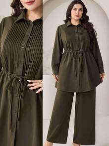 Solavon Plus Size Solid Color Long Sleeve Top And Long Pants 2 Pieces Set Elegant - Army Green - View 4