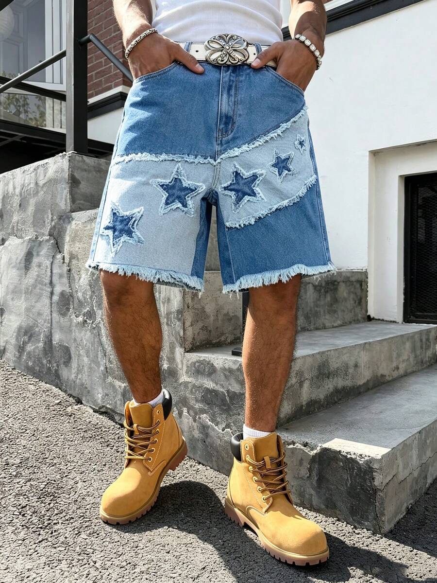 Manfinity Roughcore Men's Street Fashion Contrast Color Patchwork Star Embroidery Frayed Hem Washed Denim Shorts, Holiday - Medium Wash - View 1