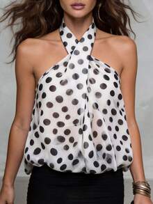 Solivie Blusa elegante y de moda con estampado de lunares y escote cruzado halter para mujer - Blanco y Negro - Ver 4