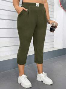 SHEIN Essnce Plus Size Women High Waist Casual 3/4 Length Pants, Suitable For Daily Wear And Vacation - Army Green - View 3