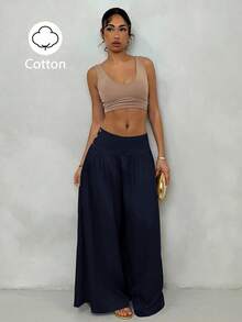 Glamine Pantalones anchos de cintura baja vintage, efecto estilizante, pantalones casuales de algodón puro color café, adecuados para vacaciones, uso casual, verano - Azul Marino - Ver 7