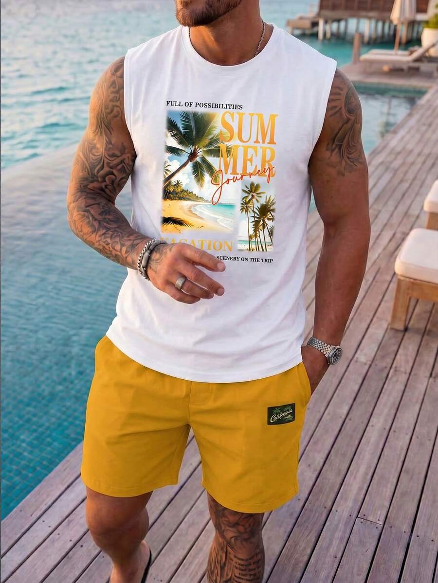 Manfinity RSRT Men Casual Summer Vacation Style Coconut Tree Beach Tank Top And Shorts Set, Holiday - Multicolor - View 1