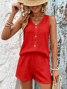 SHEIN LUNE Women's Solid Color Button Design V-Neck Tank Top And Shorts Casual 2-Piece Set - Red - View 5