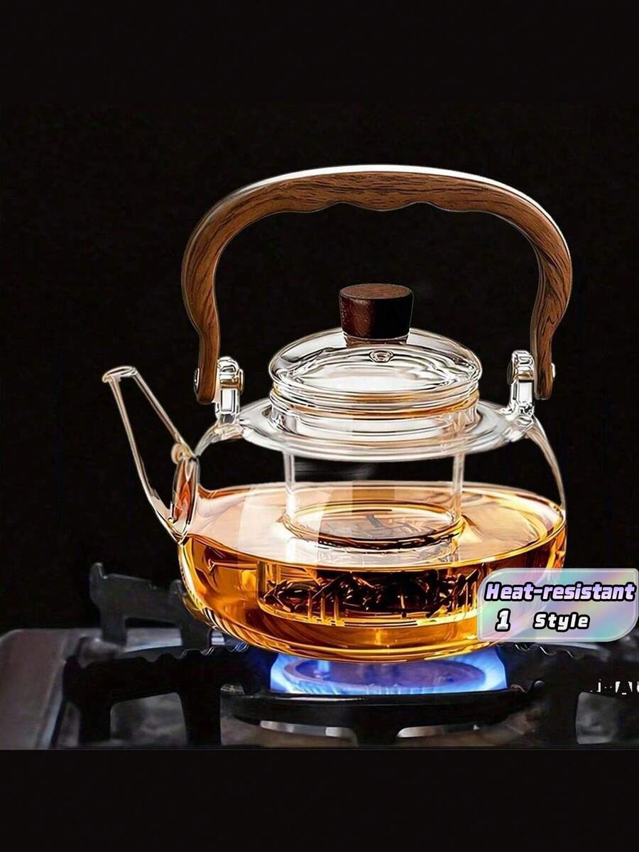 1pc High Borosilicate Glass Teapot, Heat-Resistant Glass Kettle With Walnut Wood Handle, Includes Glass Filter, Suitable For Home And Office Use, Great Gift For Parents And Friends - Multicolor - View 1