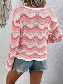 Hotletica Women's Casual Wavy Striped Drop Shoulder Long Sleeve Pullover Sweater - Multicolor - View 2
