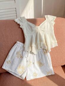 Comfortcana Plus Size Women Summer Casual Drawstring Waist Embroidered Shorts - White - View 6
