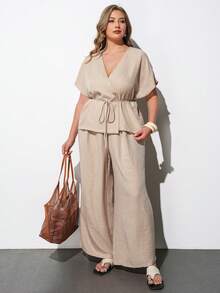 Maija Conjunto de 2 piezas con top cruzado de cuello en V color caqui con lazo en la cintura y pantalones de pierna ancha, talla grande, atuendo de verano casual elegante para vacaciones, ropa de oficina elegante, vintage - Caqui - Ver 8