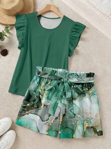 SHEIN LUNE Plus Size Holiday Casual Solid Color Flutter Sleeve Top And Marble Print Shorts 2 Pieces Set Vacation Light Green Summer - Multicolor - View 1