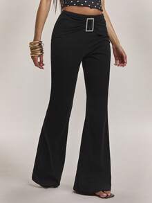 SHEIN BAE Women's Solid Color Metal Decor Casual Versatile Daily Wear Flare Pants - Black - View 6