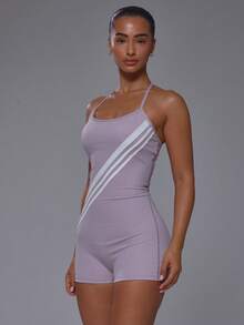 Musera Sport Scoop Neck Stripe Detail Fitted Cross Back Straps Mini Short Unitard Playsuit  Gym Active Sports Pilates Running Cute Girly Daily Everyday Slowburn - Purple - View 3
