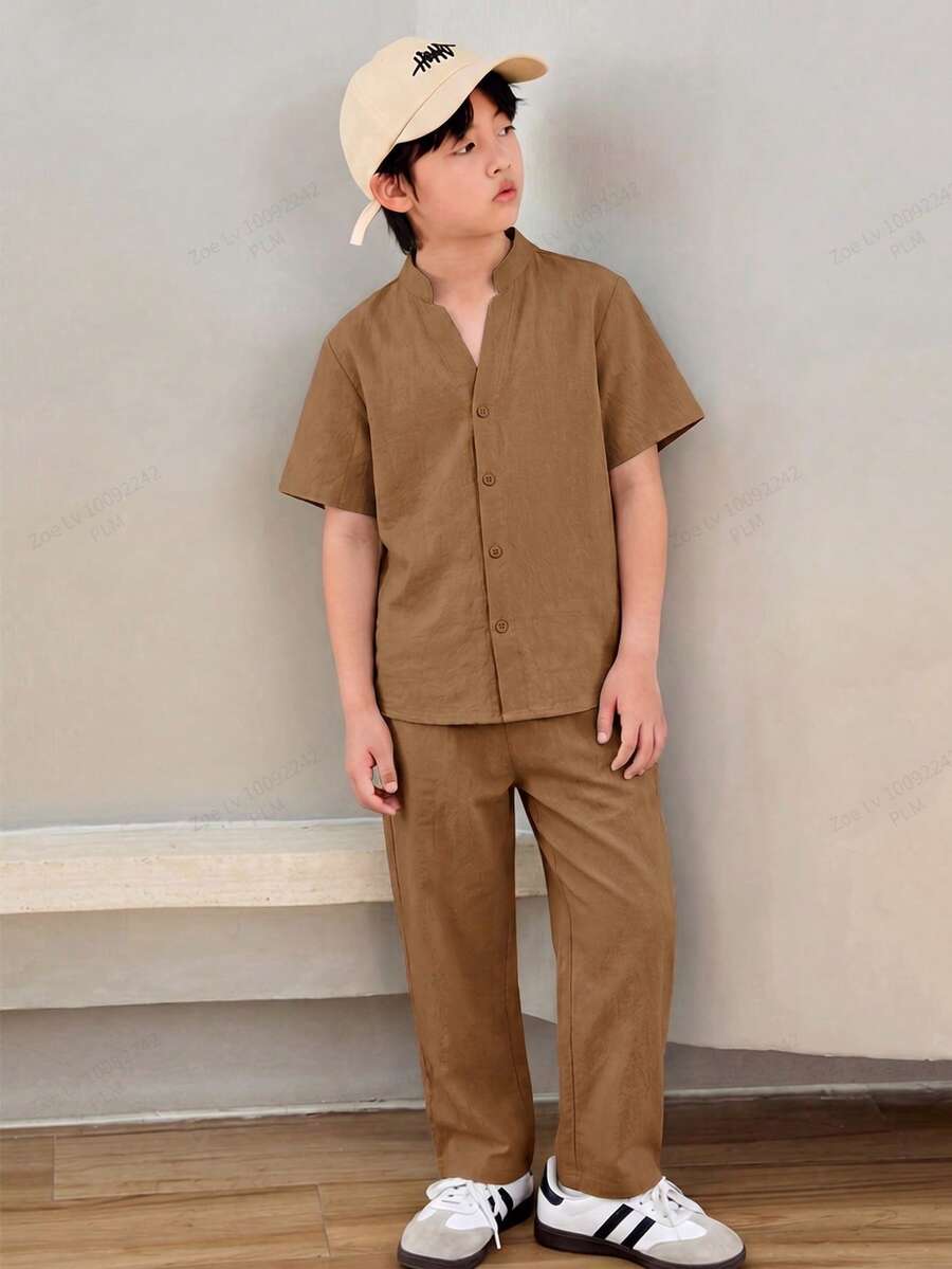 SHEIN 2pcs/Set Tween BoyLoose Casual Stand Collar Woven Solid Color Short Sleeve Shirt And Pants Set - Khaki - View 1