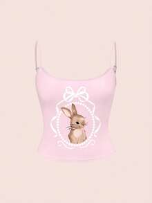 ROMWE Kawaii Cute Rabbit Bow Spring Sexy Hottie Preppy Camisole For Women - Pink - View 1