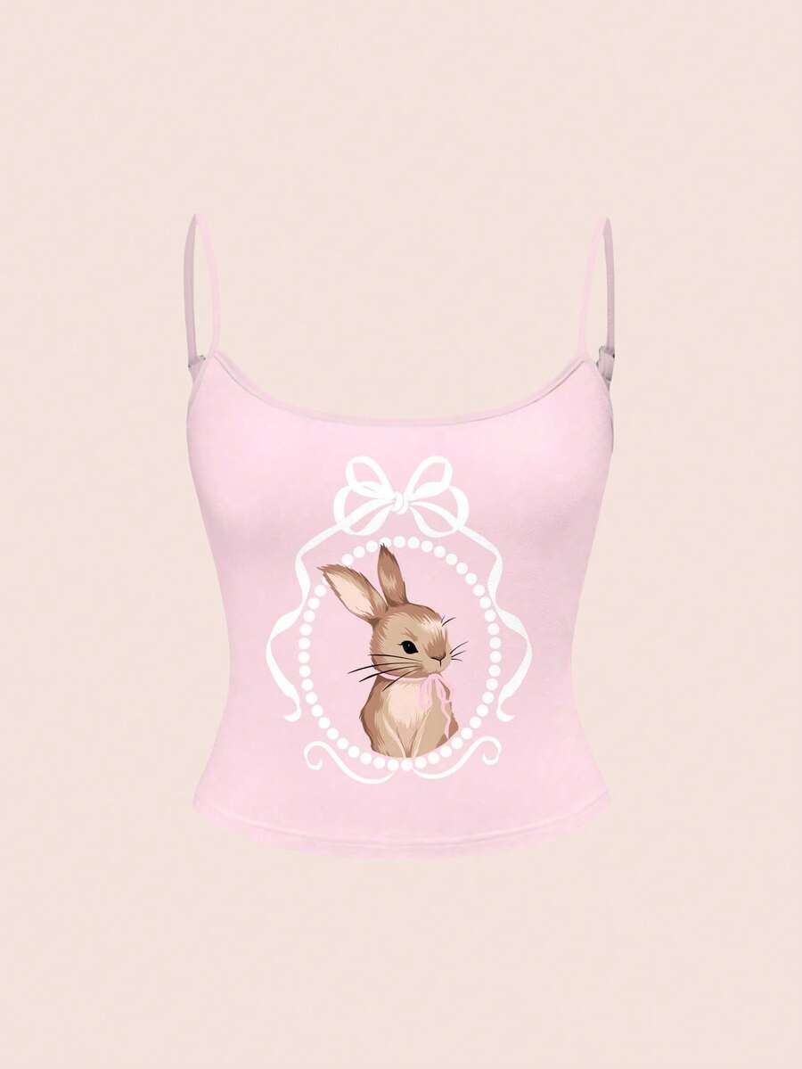 ROMWE Kawaii Cute Rabbit Bow Spring Sexy Hottie Preppy Camisole For Women - Pink - View 1