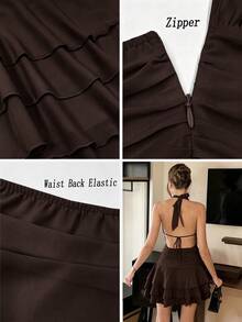 SHEIN PETITE Đầm nữ dáng nhỏ nhắn, thanh lịch và lãng mạn màu trắng cổ yếm, eo ôm, xếp ly bồng bềnh, đầm ngắn, đầm xuân/hè mới, đầm hẹn hò ngày Valentine, đầm đi nghỉ mát, đầm lãng mạn, đầm ngắn không tay xếp ly nhiều lớp mùa xuân/hè, đầm kiểu Pháp, đầm sinh nhật, đầm đi biển, đầm dự đám cưới, đầm dự tiệc thanh lịch. - màu nâu - Xem 8