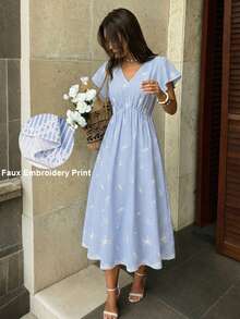 SHEIN PariChic Đầm chữ A kẻ sọc cổ chữ V tay bồng eo thắt, thích hợp cho kỳ nghỉ hè ở bãi biển, tiệc dã ngoại ngày Quốc khánh, trang phục thường ngày dự lễ hội âm nhạc. - Xanh và trắng - Xem 8